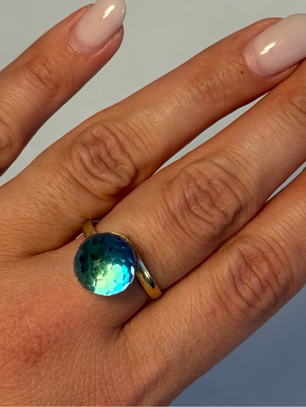 Vintage Adjustable Ring with Blue-Green Faceted Stone Statement Ring